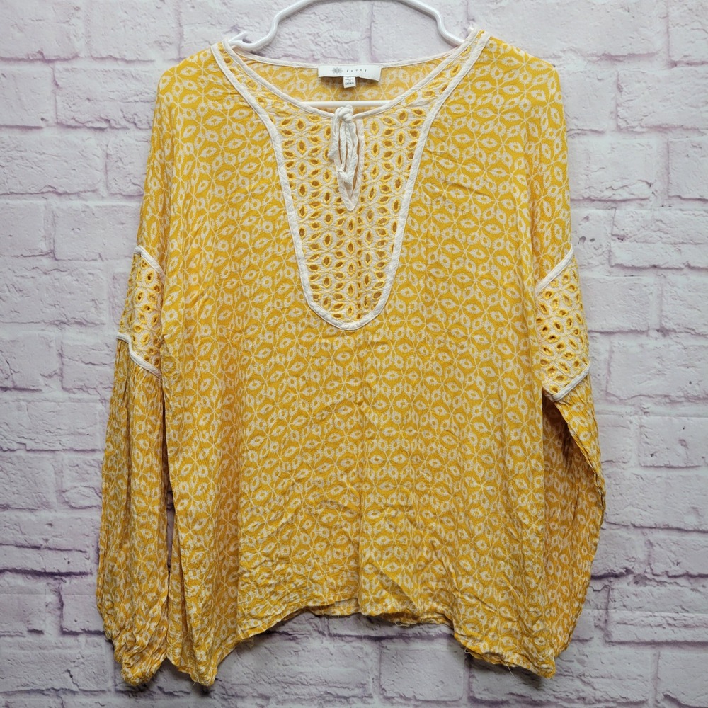 Fever Mango Mojito Embroidered Peasant Top Womens XL Yellow Boho Hippie Festival